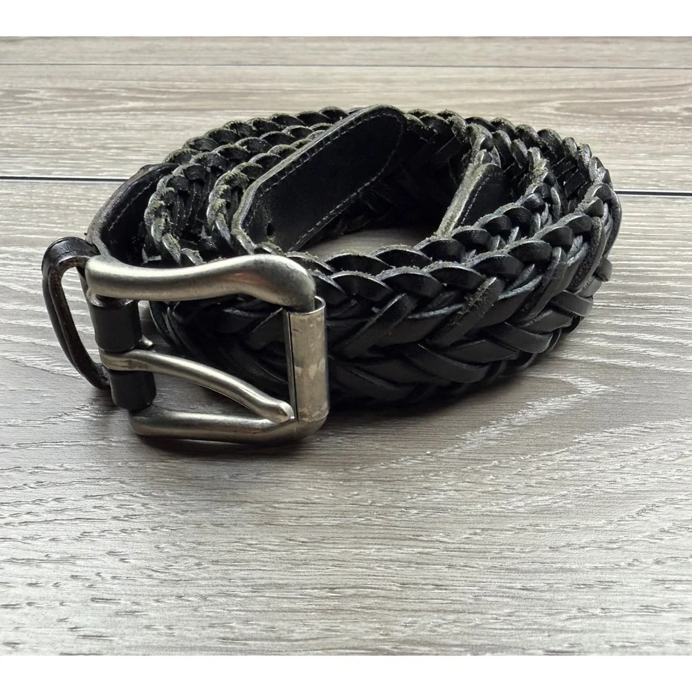 Coach Mens Belt Braided Leather Silver Buckle Black 38/95 C3865